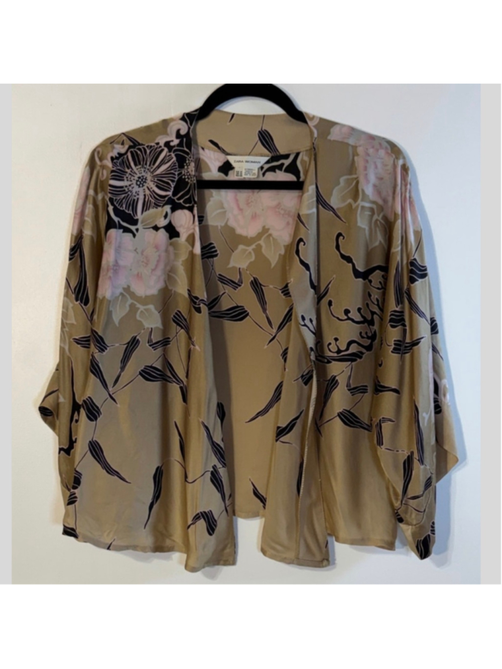 ZARA 100% Silk Kimono Jacket Women’s Medium Brown Floral Pink Open Front Cropped